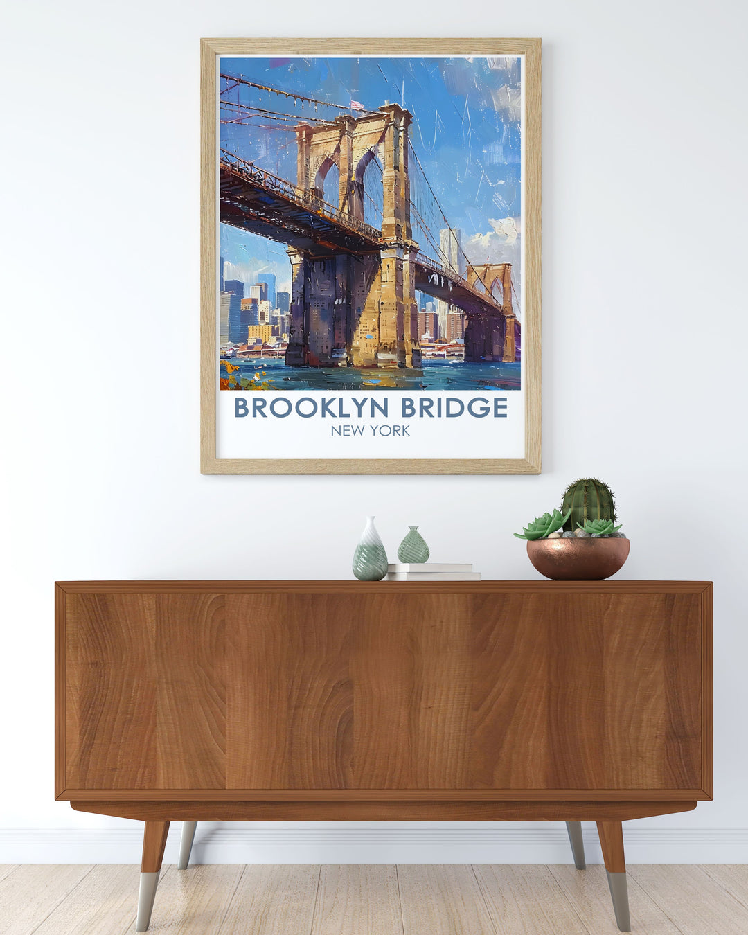 Hyde Park print highlighting the lush greenery and majestic Hudson River alongside the Brooklyn Bridge a perfect addition to New York State decor