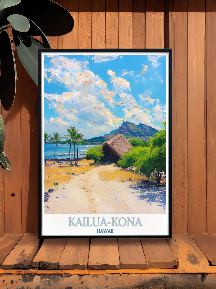 Vibrant depiction of Kailua Kona, reflecting its role as a haven for outdoor enthusiasts and beach lovers. The travel poster highlights the towns stunning natural beauty and cultural landmarks.