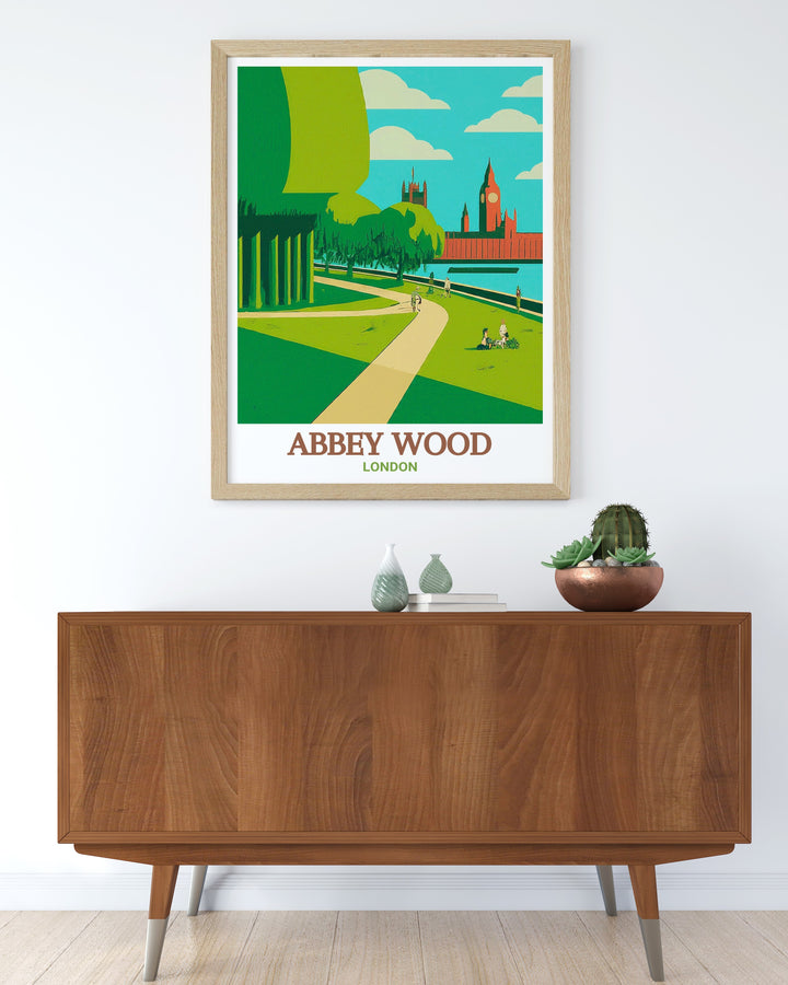 Thames Path Modern Prints highlighting the tranquil river views and lush landscapes of this South East London gem along with the historic ruins of Lesnes Abbey a beautiful addition to your collection of London park posters