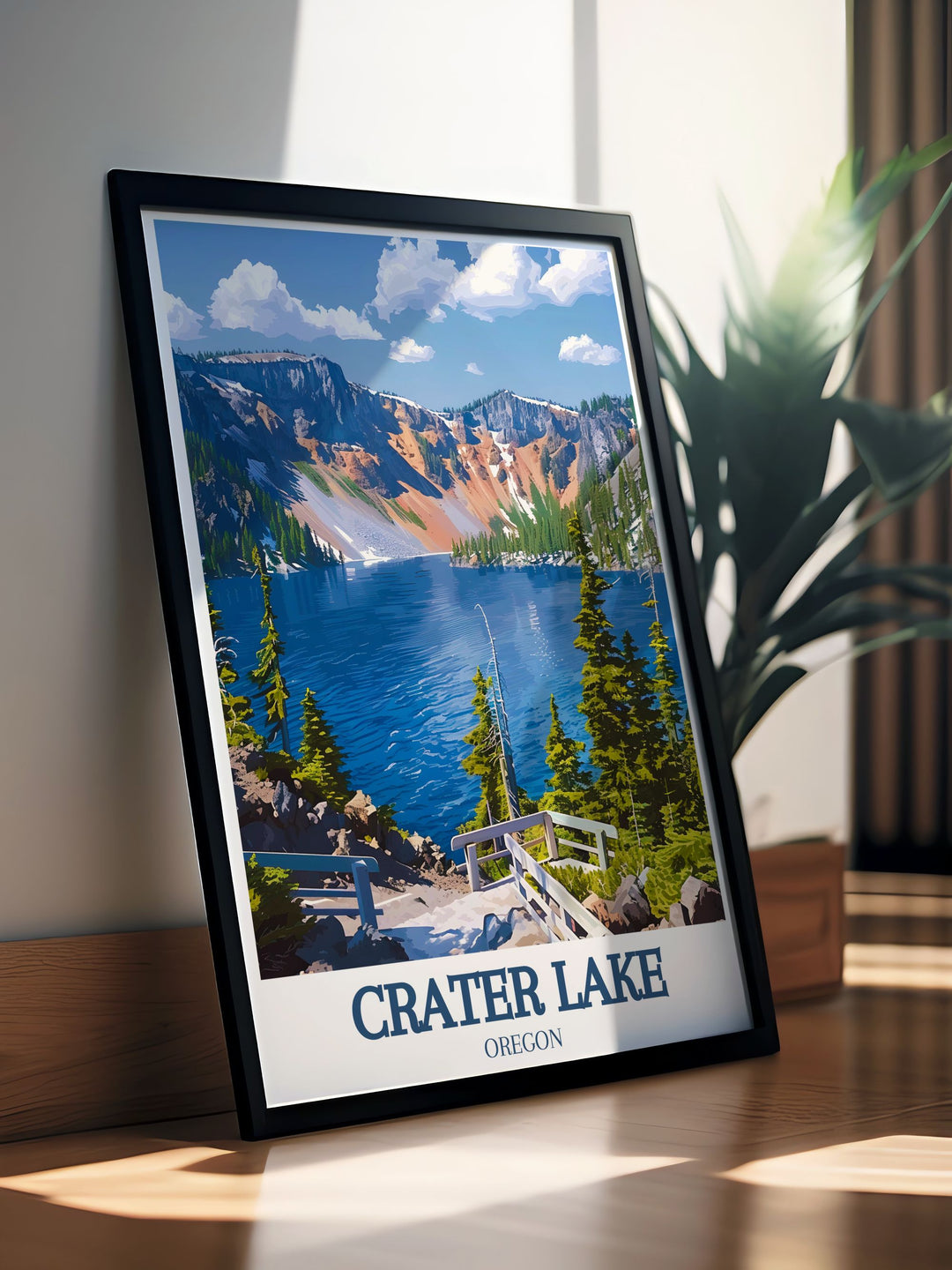 The combination of adventure at Cleetwood Cove and the scenic beauty of Wizard Island is beautifully captured in this vintage travel poster, making it a stunning addition to any wall art collection celebrating national parks.