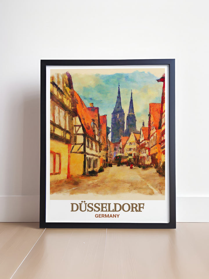 Featuring a city map of Düsseldorf, this travel print showcases Altstadts lively streets and historic architecture, perfect for any travel enthusiasts collection.