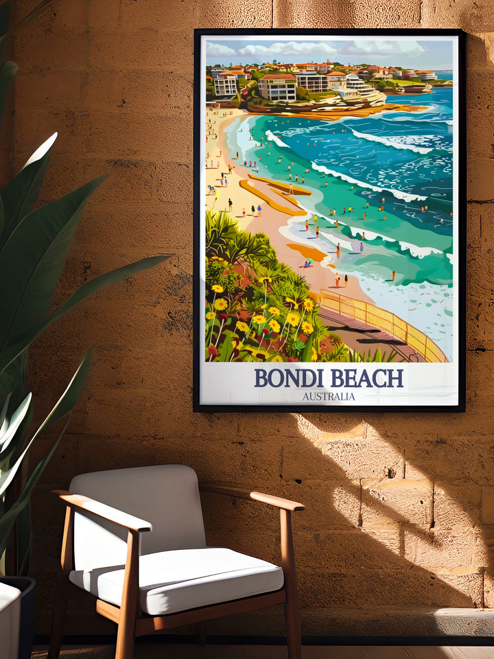 Australia poster featuring the stunning Sydney Harbour with the Sydney Opera House and Harbour Bridge. Bondi to Coogee Coastal Walk Bondi home decor adds a vibrant beach scene to your walls, offering a blend of vintage and modern art styles.