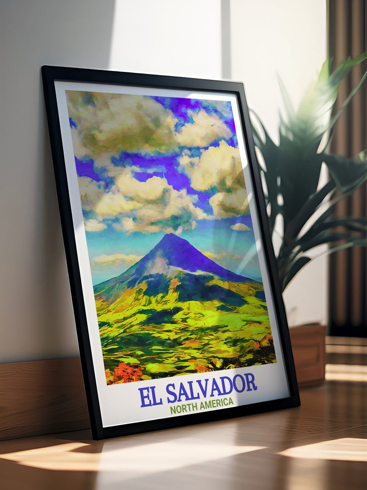 Vintage poster of Santa Ana Volcano featuring the stunning scenery of El Salvadors famous volcano perfect for travel gifts and home decor bringing a touch of vintage charm and natural beauty into your living space with high quality craftsmanship