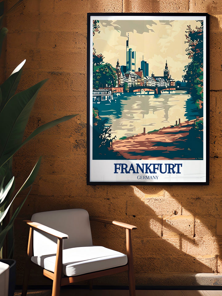 Frankfurts skyline, reflected in the River Main, is beautifully showcased in this art print, with the Eiserner Steg standing as a central feature. The print offers a detailed and vibrant portrayal of Frankfurts urban charm, making it a versatile piece for home or office decor, and a meaningful gift for those connected to the city.