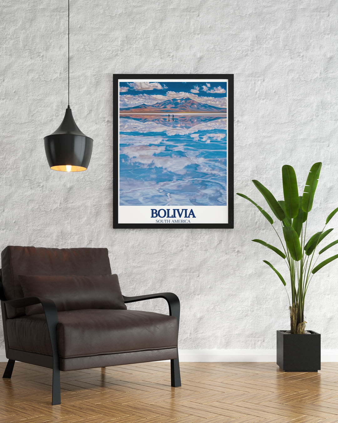 Modern Bolivia wall art depicting the tranquil Uyuni Salt Flats and the imposing Cordillera Real mountain range perfect for adding a touch of sophistication to your home