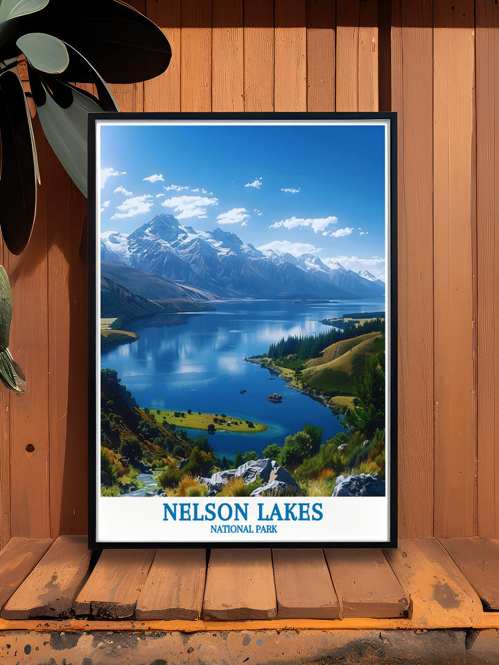 Serene Lake Rotoiti wall art depicting the calm waters and scenic views of this stunning South Island destination, perfect for creating a peaceful ambiance in your home and inspiring a love for New Zealand travel.