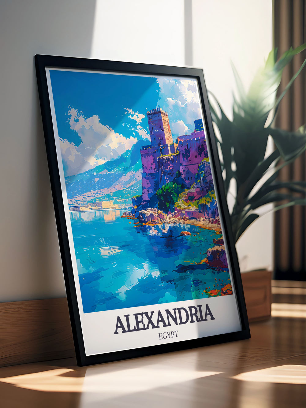 Enhance your home with a stunning Alexandria Egypt poster showcasing the Citadel of Qaitbay Pharos Lighthouse. This fine line print offers a detailed street map view of the historic city and its renowned landmarks, making it an ideal piece for any art lover or travel enthusiast.