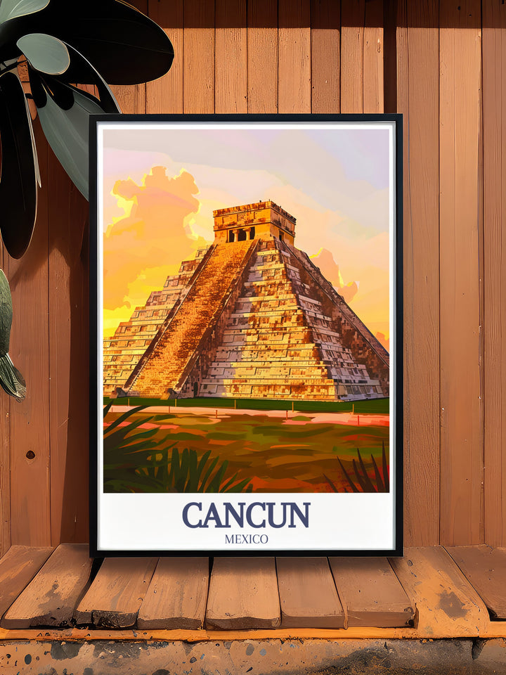 Sophisticated Cancun print with a detailed black and white city map perfect for contemporary home decor including the majestic Chichen Itza Pyramid of Kukulkan a beautiful combination of modern art and historical elegance