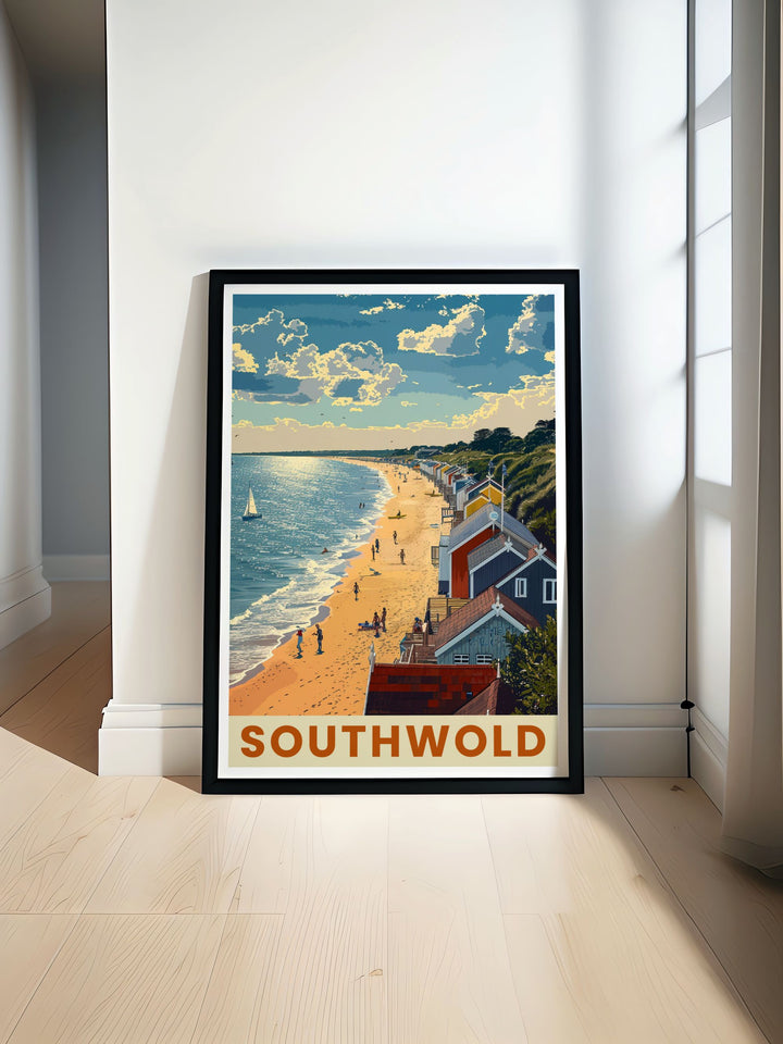 Southwold Poster featuring vibrant beach and beach huts with the iconic Southwold Lighthouse and picturesque Southwold Pier perfect for UK travel enthusiasts and seaside art lovers ideal for adding a touch of coastal charm to your home decor