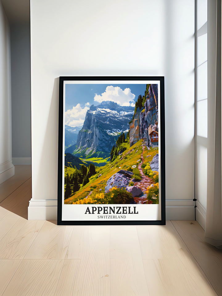 Appenzell poster print showcasing the serene beauty of this Swiss village, with Ebenalp Mountain towering in the background and the iconic Aescher guesthouse nestled against the cliffs. A perfect travel print for nature lovers and adventurers.