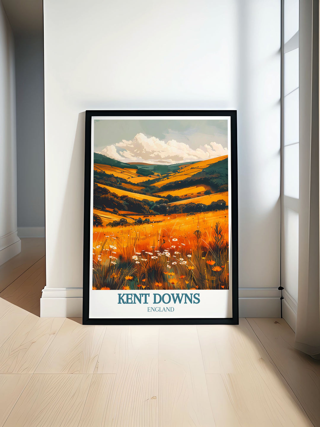 Exquisite art print showcasing the natural beauty of Kent Downs Area of Outstanding Natural Beauty AONB featuring rolling hills and lush meadows perfect for adding a touch of tranquility to any living space with its vibrant colors and detailed imagery.