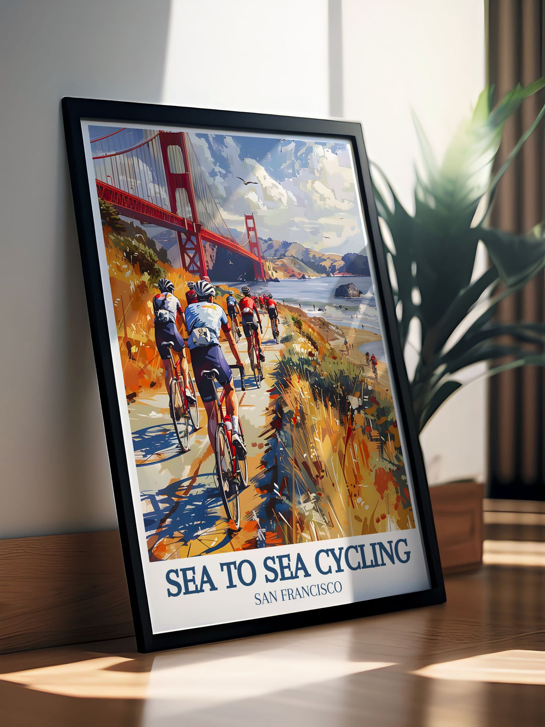 This travel poster features the Sea to Sea Cycling Route across England and the iconic Golden Gate Bridge in San Francisco, capturing the diverse landscapes and architectural beauty of these renowned landmarks, perfect for cycling enthusiasts and wall art decor lovers.