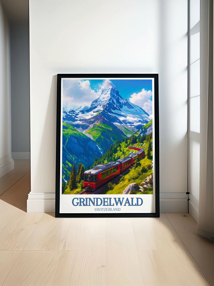 A stunning illustration of Eiger mountain Grindelwald First capturing the majestic beauty of the Swiss Alps. Perfect for Grindelwald decor this wall art brings the charm of the mountain village and the thrill of Alpine skiing into your home.