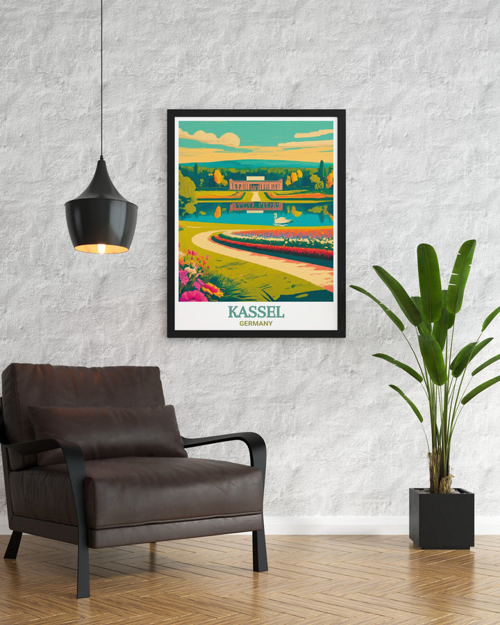 Orangerie in Kassel, Germany, depicted in this beautiful canvas art. The print showcases the intricate details of the Baroque style Orangerie, surrounded by lush gardens. Ideal for home decor, this Germany Travel Poster offers a timeless piece of art that celebrates the rich history of Kassel