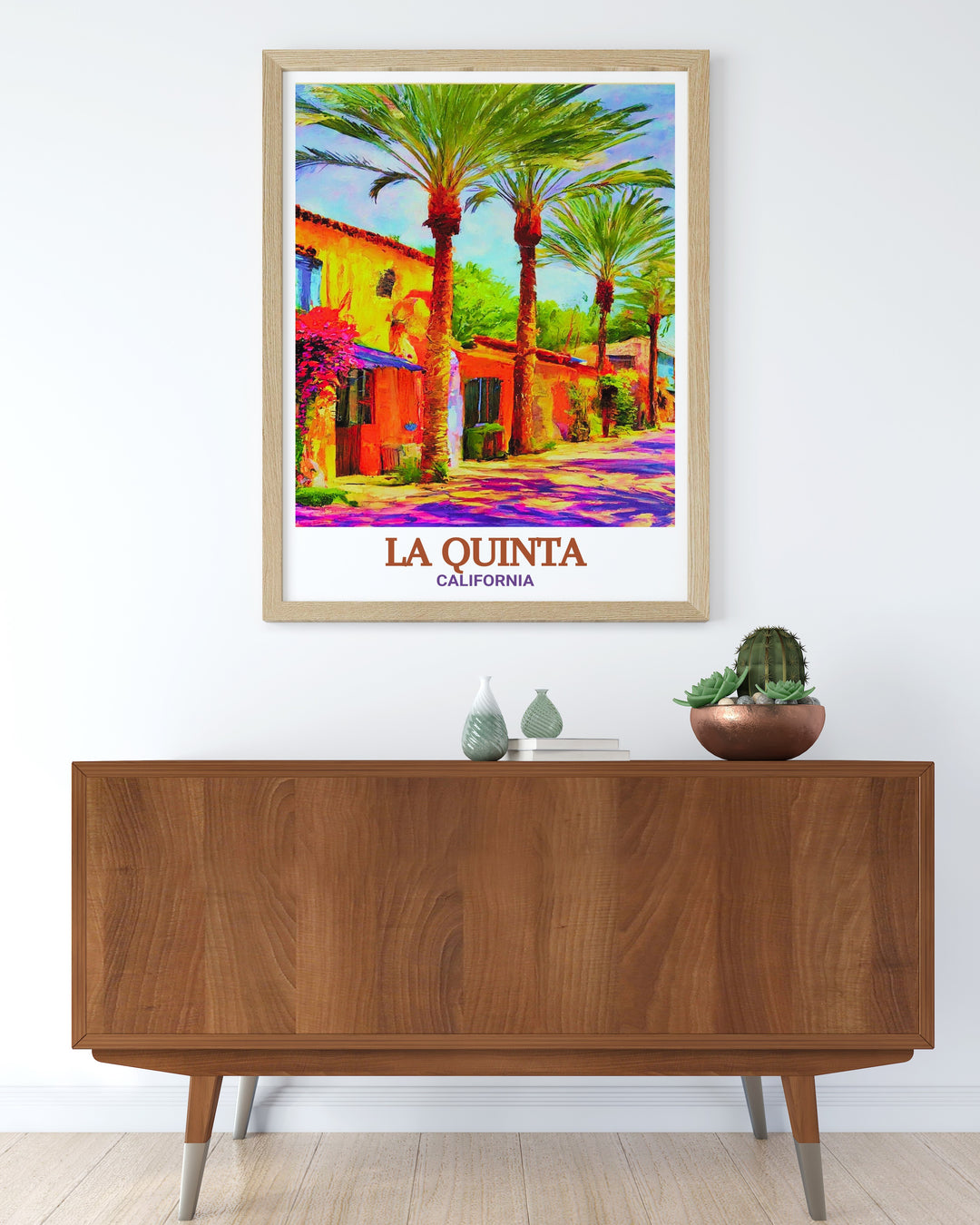 Old Town La Quinta in California, highlighted in this travel print. With its distinctive Spanish Colonial architecture and lively streets, this poster offers a glimpse into the rich history and vibrant community of La Quinta. A perfect addition to any room seeking a touch of desert charm.