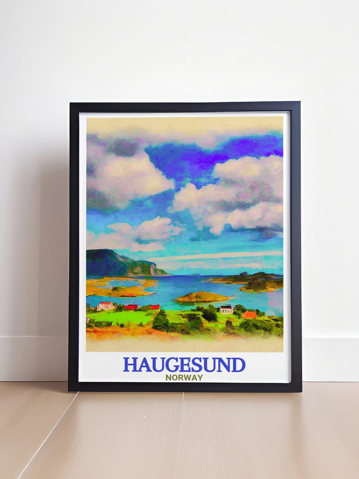 Explore the coastal charm of Haugesund and Røvær Island with this travel print. The artwork showcases Norways natural landscapes, Viking history, and the breathtaking beauty of the North Sea coastline.