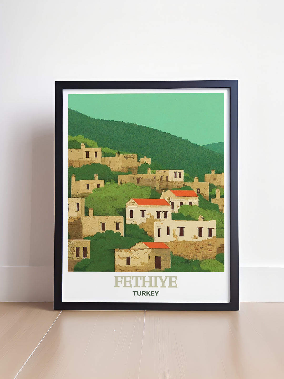 a framed picture of a village in turkey