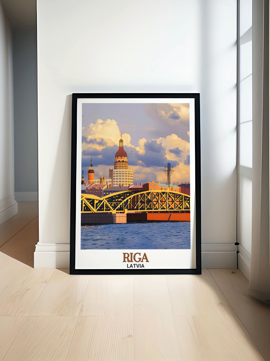 Latvia wall art showcasing the beauty of the Daugava River in Riga. This travel print brings the calming effect of water into your home decor, ideal for those who appreciate art, culture, and the beauty of Latvias landscapes.