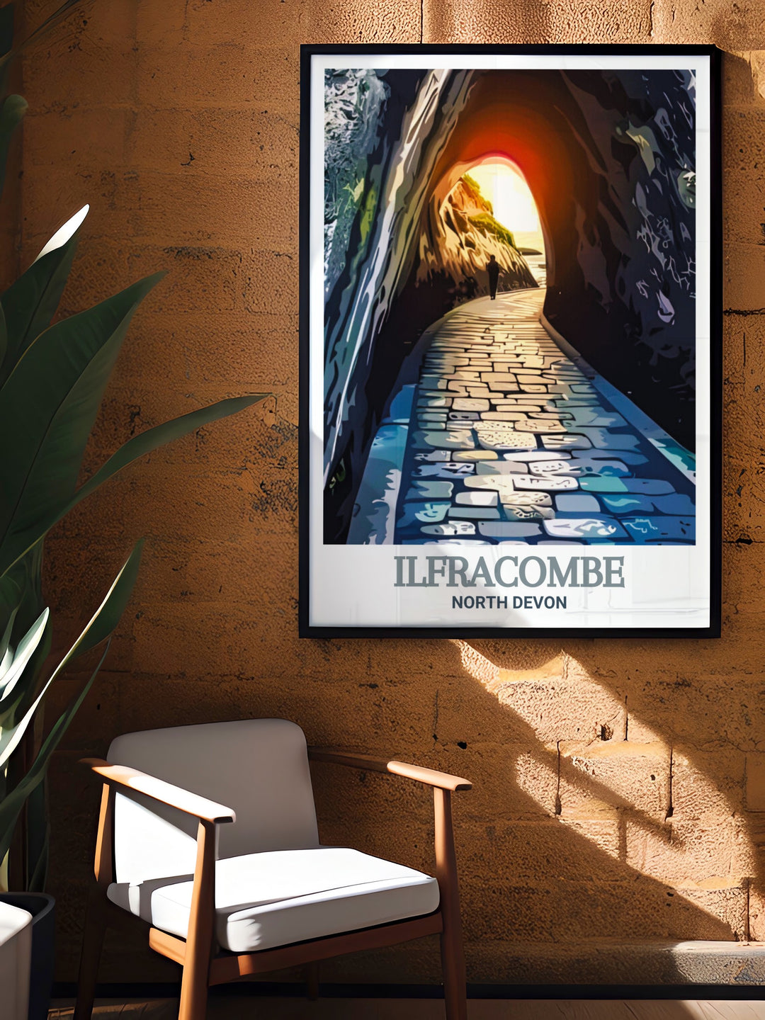 A vintage style travel print showcasing the Tunnels Beaches in Ilfracombe, North Devon. The artwork highlights the unique history of the tunnels, carved through the cliffs, leading to serene, secluded beaches. Ideal for history lovers and coastal enthusiasts.