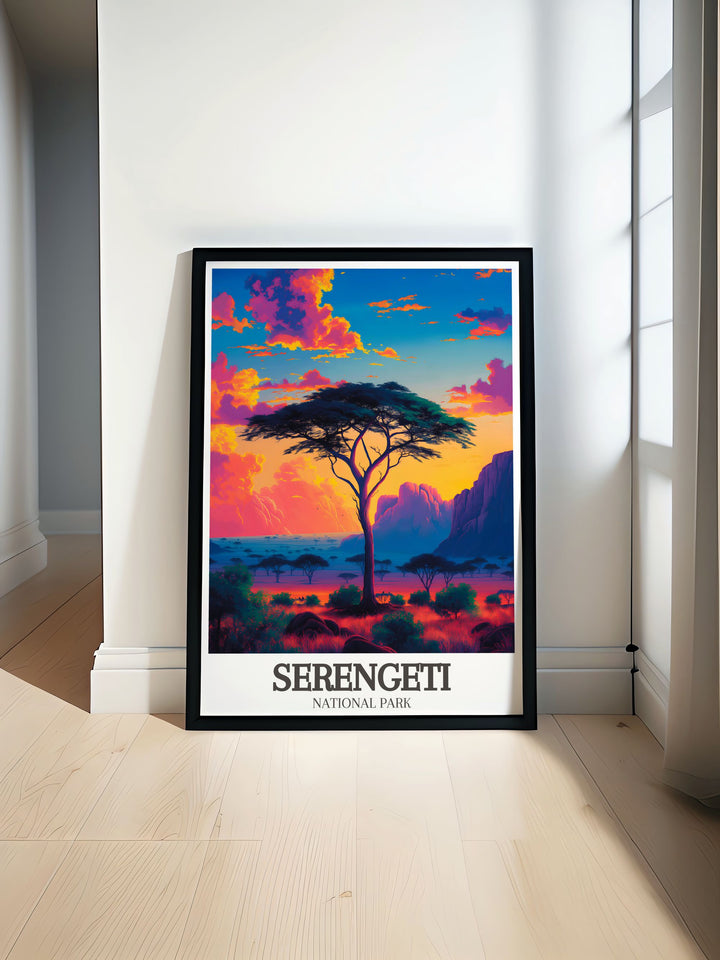 Acacia tree savanna travel poster showcasing the beauty of Serengeti National Park with vibrant colors and intricate details perfect for enhancing any home decor or office space