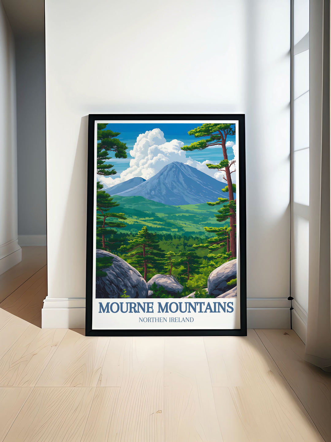 Highlighting the hidden valleys and scenic trails of the Mourne Mountains, this poster features lush greenery and serene landscapes, ideal for nature enthusiasts and hikers.