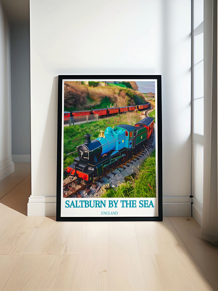 Saltburn Miniature Railway art print featuring stunning views of Saltburn by the Sea with highlights of Saltburn Cliff Lift Saltburn Pier and Whitby Yorkshire perfect for adding a touch of coastal charm and history to your home decor