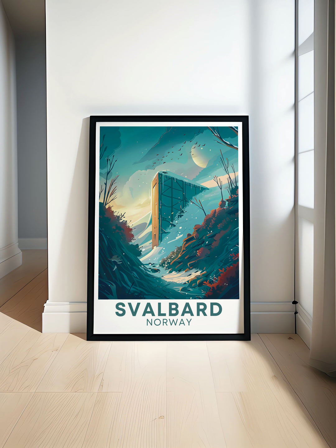 Stunning Svalbard Global Seed Vault poster featuring the unique design of the Seed Vault against the Arctic landscape. Perfect travel poster print with a dramatic color palette for home decor and vintage poster lovers.