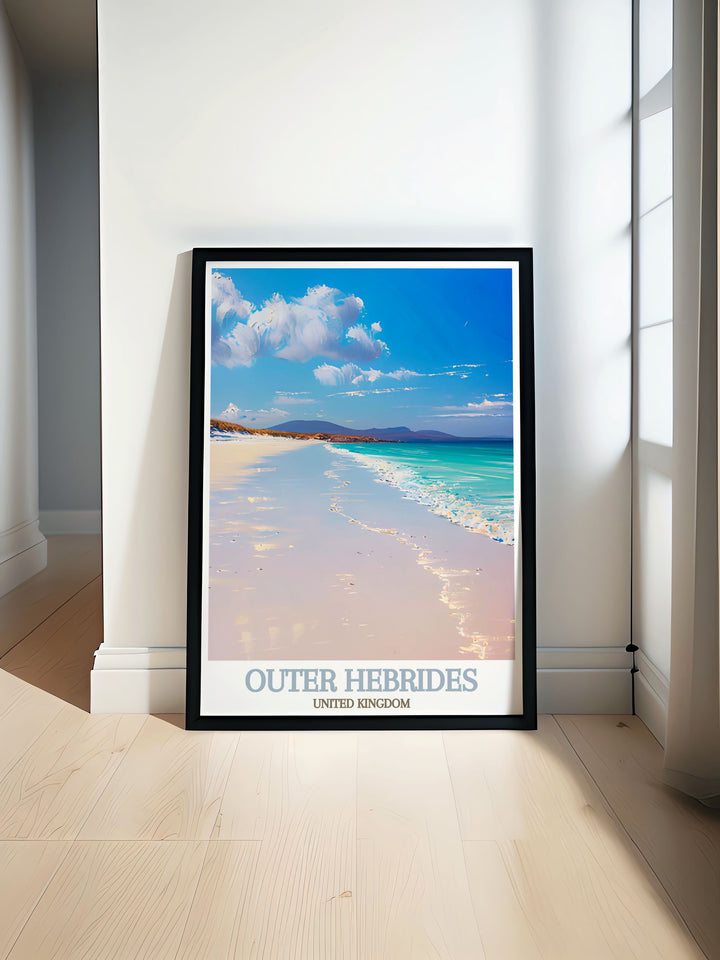 Isle of Harris print showcasing the serene beauty of the Scottish island with a focus on Luskentyre Beach perfect for elegant home decor and vintage travel enthusiasts