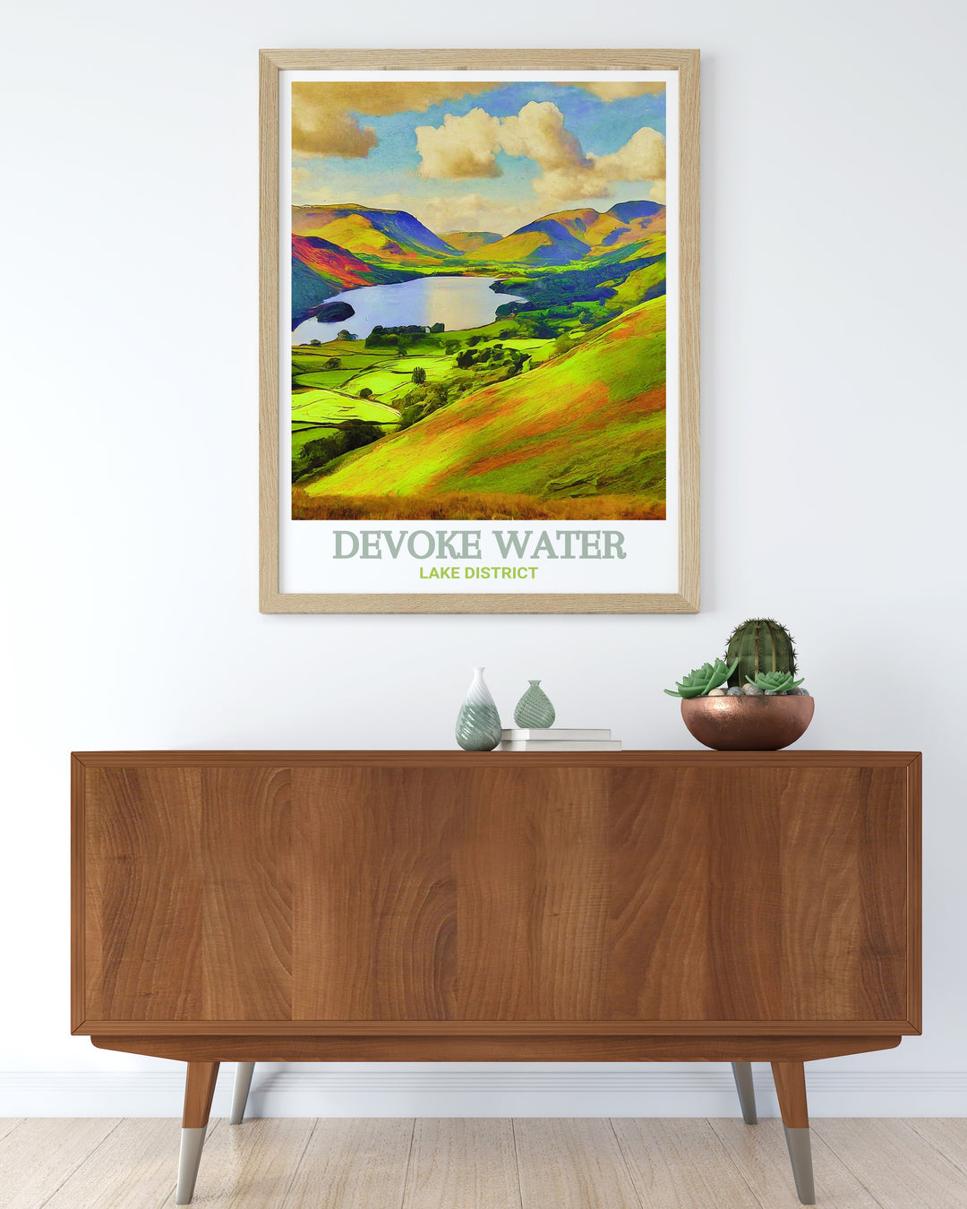 Devoke Waters still waters are beautifully illustrated in this travel poster, capturing the serenity and natural charm of the Lake District. A calming addition to any room, ideal for those who seek peace in nature.