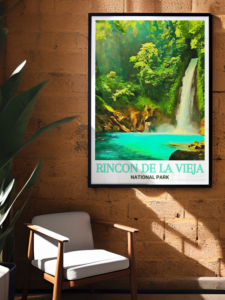 La Cangreja Waterfall in Costa Rica is the focal point of this stunning print a perfect way to bring the lush landscapes of Rincon De La Vieja into your home creating a peaceful ambiance and making it an ideal gift for those who love nature and travel.