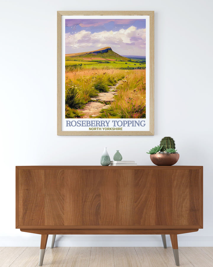 This North York Moors travel poster features Roseberry Topping in vivid detail. Ideal for those who love hiking, fell walking, or exploring National Parks, it brings the adventure of the Yorkshire countryside to your walls.