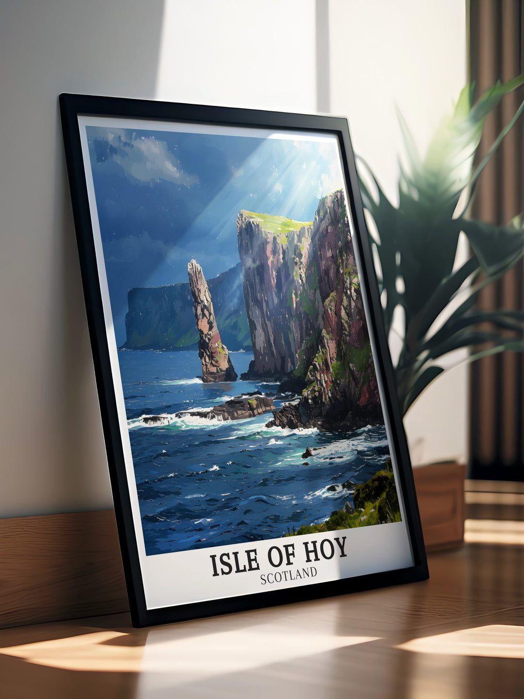 This Isle of Hoy canvas art showcases the Old Man of Hoy, a famous sea stack, alongside the impressive cliffs of St Johns Head. Perfect for lovers of Scotlands landscapes, this travel poster is a striking way to bring the wild beauty of the Orkney Islands into your home.