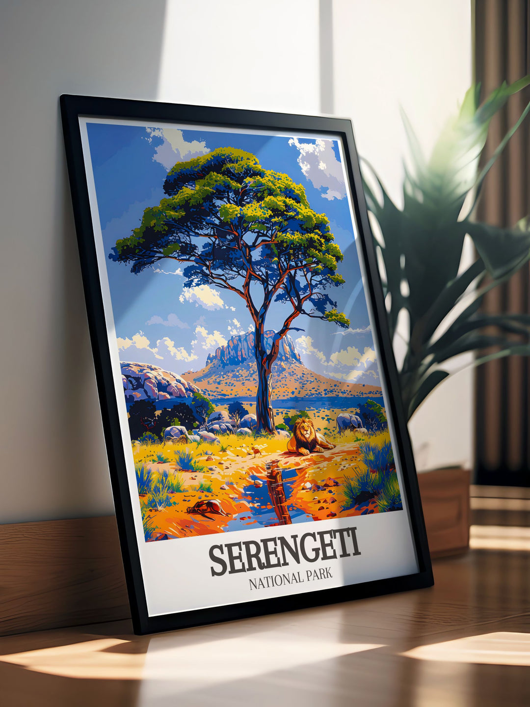 Serengeti wall art with Acacia tree Wildlife savanna scene capturing the beauty of Tanzania ideal for nature enthusiasts and adventure lovers