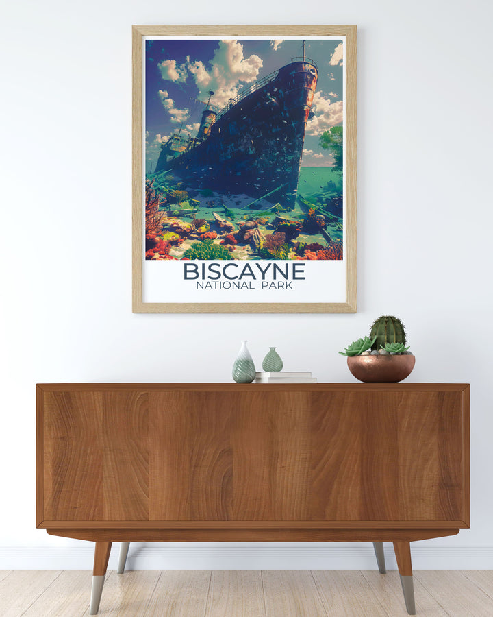 Elegant Biscayne National Park wall art depicting The Maritime Heritage Trail and coral reefs, showcasing the parks natural and underwater beauty. Perfect for adding sophistication and a touch of history to any room.