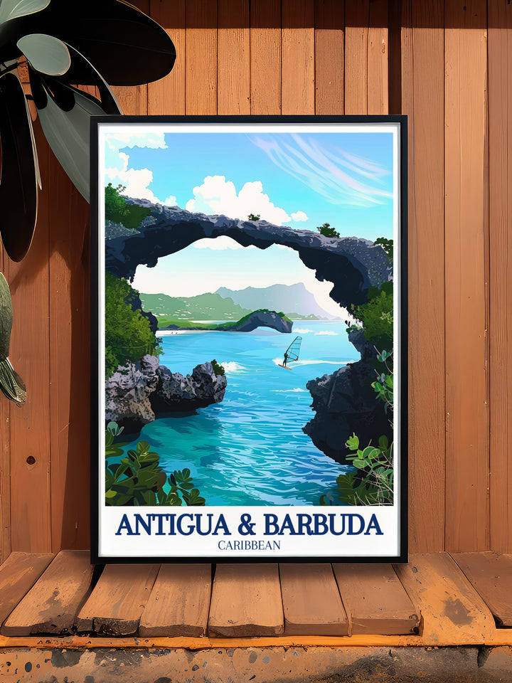 Dickenson Bay Framed Art illustrating the tranquil beauty of one of Antiguas most popular beaches. The vintage style poster captures the essence of a perfect Caribbean day, making it a timeless piece for any wall decor