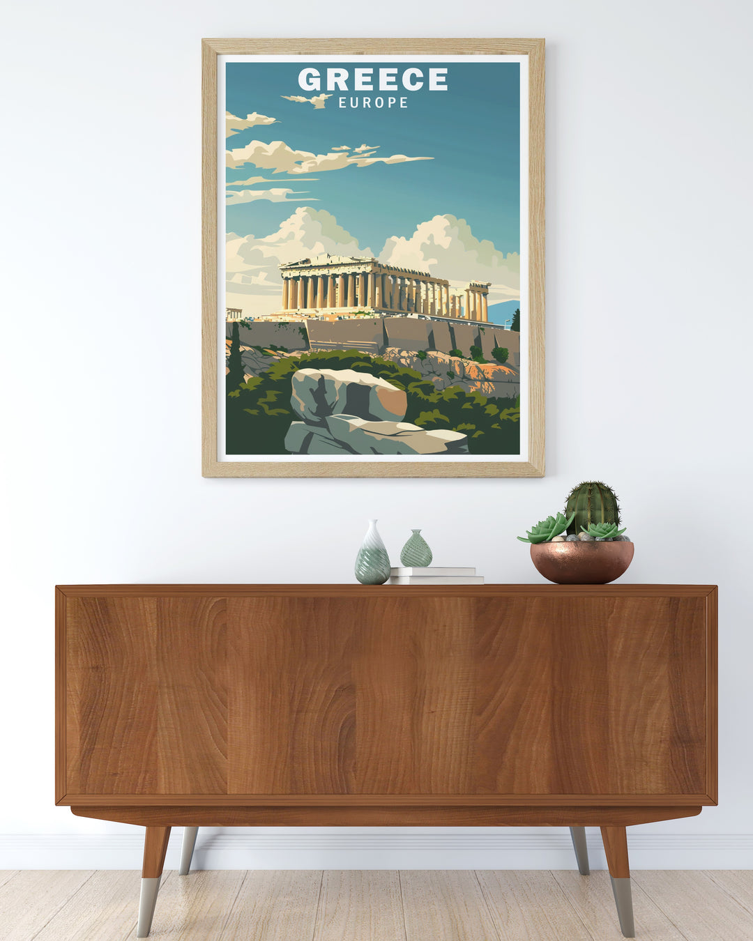 This Greece poster print showcases the magnificent Acropolis of Athens, a historic symbol of ancient Greece. Perfect for adding a classical touch to your home décor, this travel print highlights the rich cultural heritage of Athens and brings the beauty of the citys iconic landmarks into your space.