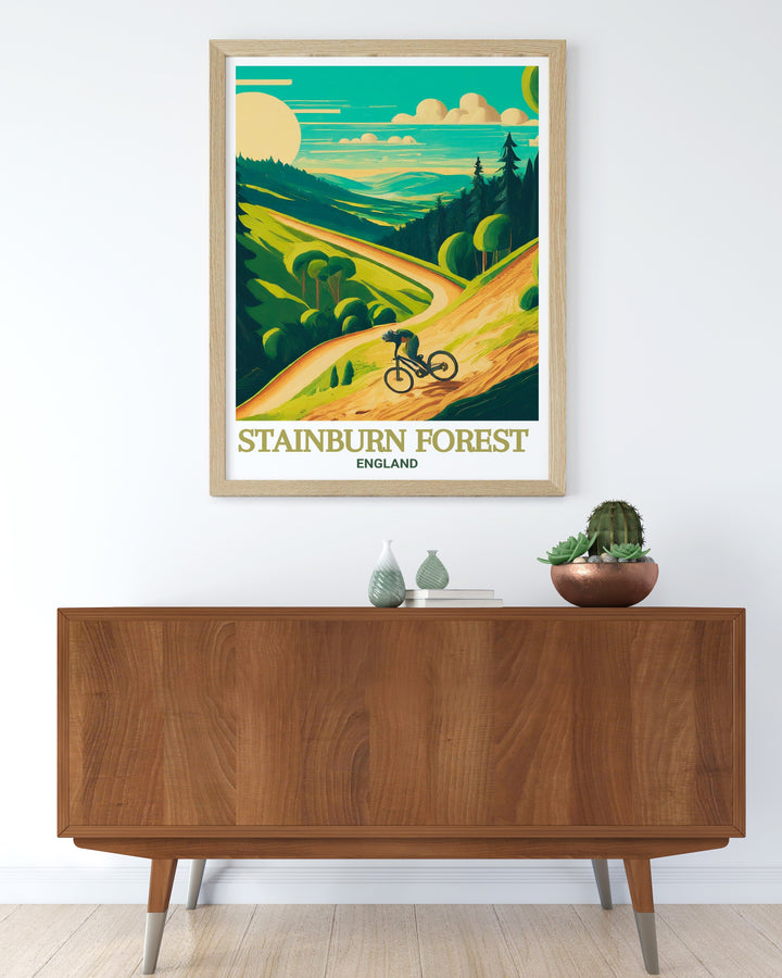 Stainburn Forest Mountain Bike Trails artwork offers a unique perspective on Yorkshire MTB culture. This cycling themed art print makes a bold statement in any room, perfect for those who love the adventure and excitement of mountain biking through beautiful natural landscapes.