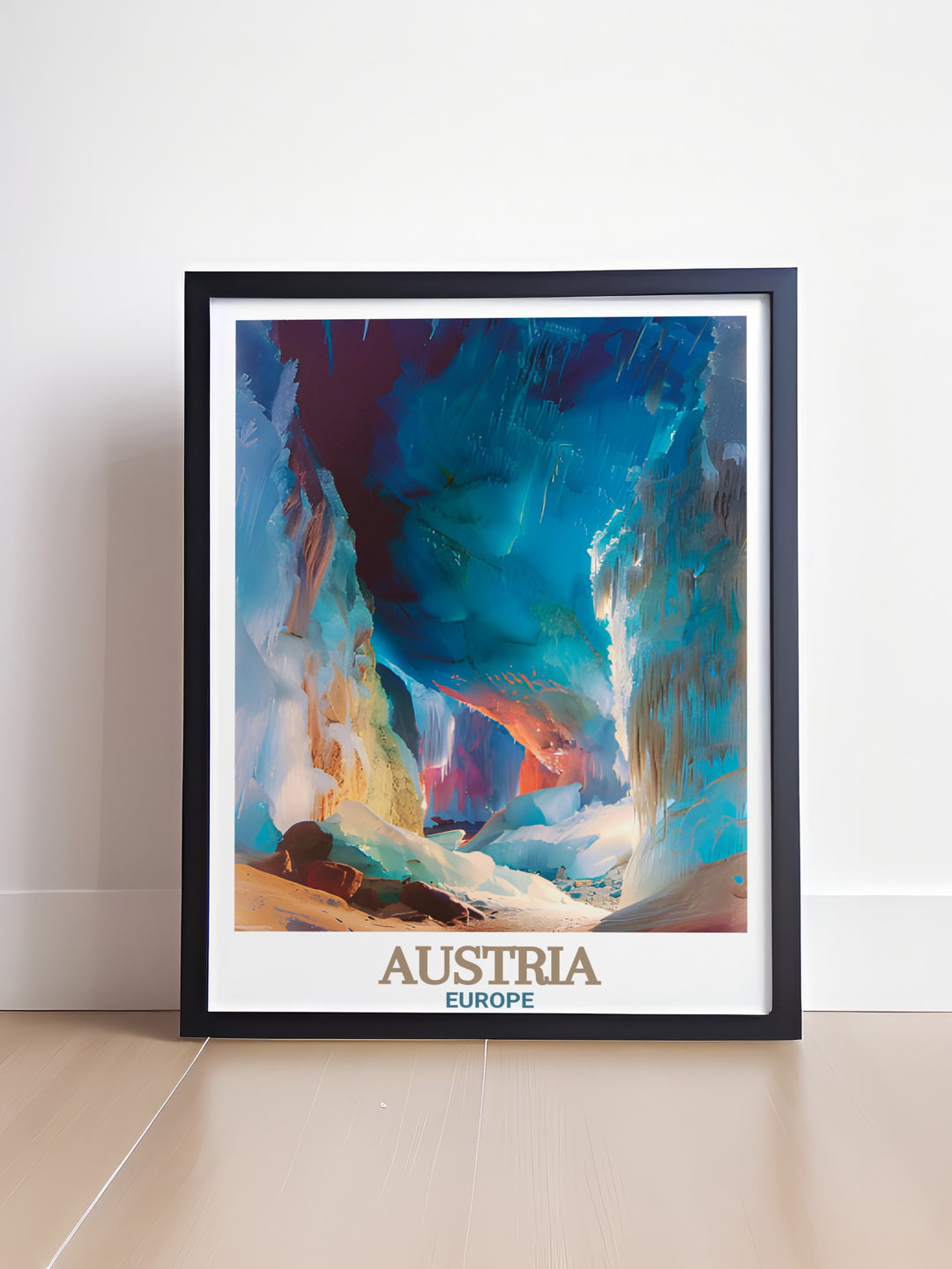 The largest ice cave in the world Eisriesenwelt Ice Cave is the centerpiece of this colorful Austria Art Print. Austria Decor perfect for your living room or office. Thoughtful gifts for travel lovers and art enthusiasts seeking unique home decor.