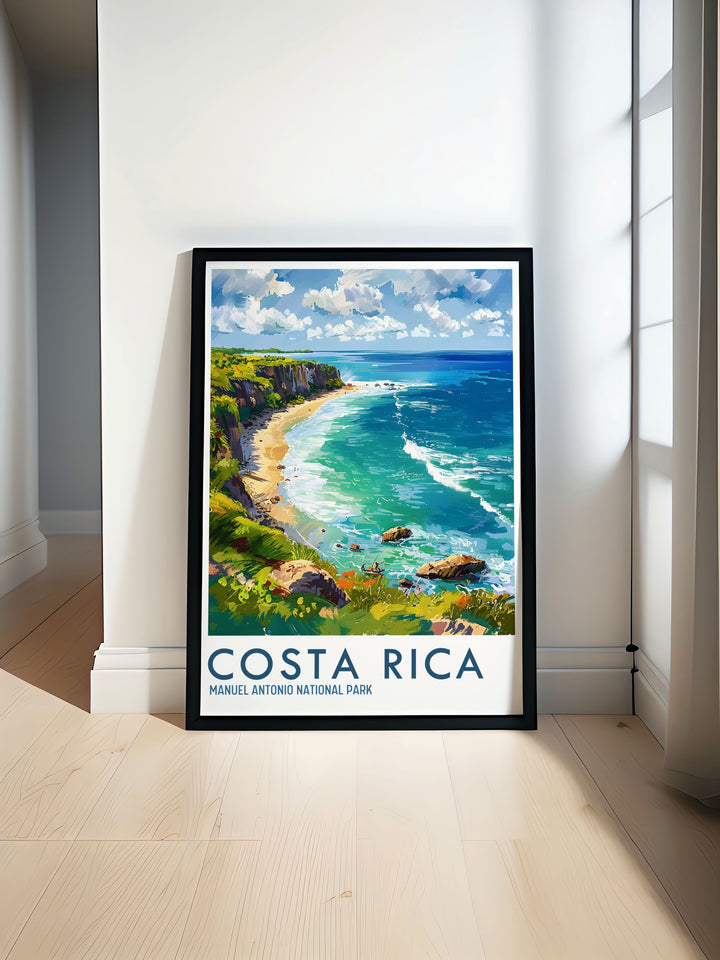 Add a touch of tropical paradise to your home with this beautiful art print of Manuel Antonio National Park. Showcasing the parks breathtaking scenery and rich biodiversity, this poster is perfect for nature lovers and travel enthusiasts. Enhance your living space with the vibrant landscapes of Costa Rica.