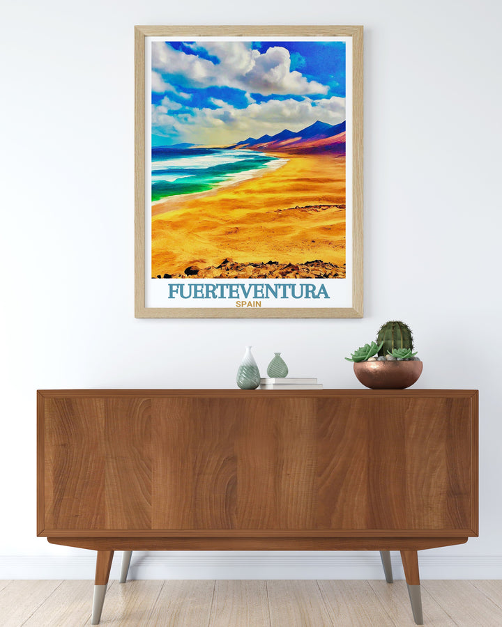 Fuerteventura poster print featuring the untouched beauty of Cofete Beach. This travel print captures the vast sands and volcanic backdrop of Spains Canary Islands, ideal for bringing coastal decor into your home or as a thoughtful gift for travelers.