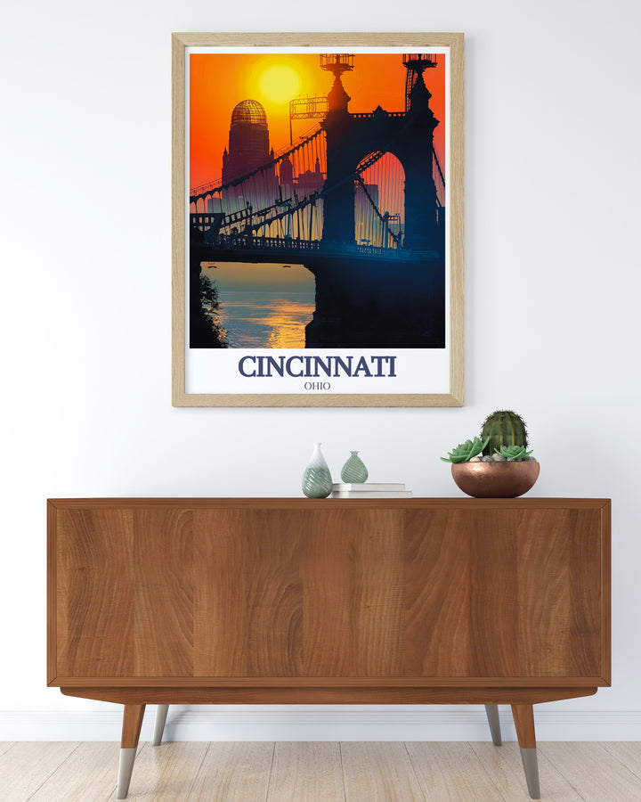 Black and white Cincinnati Poster with Roebling Suspension Bridge and Great American Building creating a sleek and elegant city print ideal for home decor or as a thoughtful gift for special occasions including anniversaries birthdays and holiday celebrations