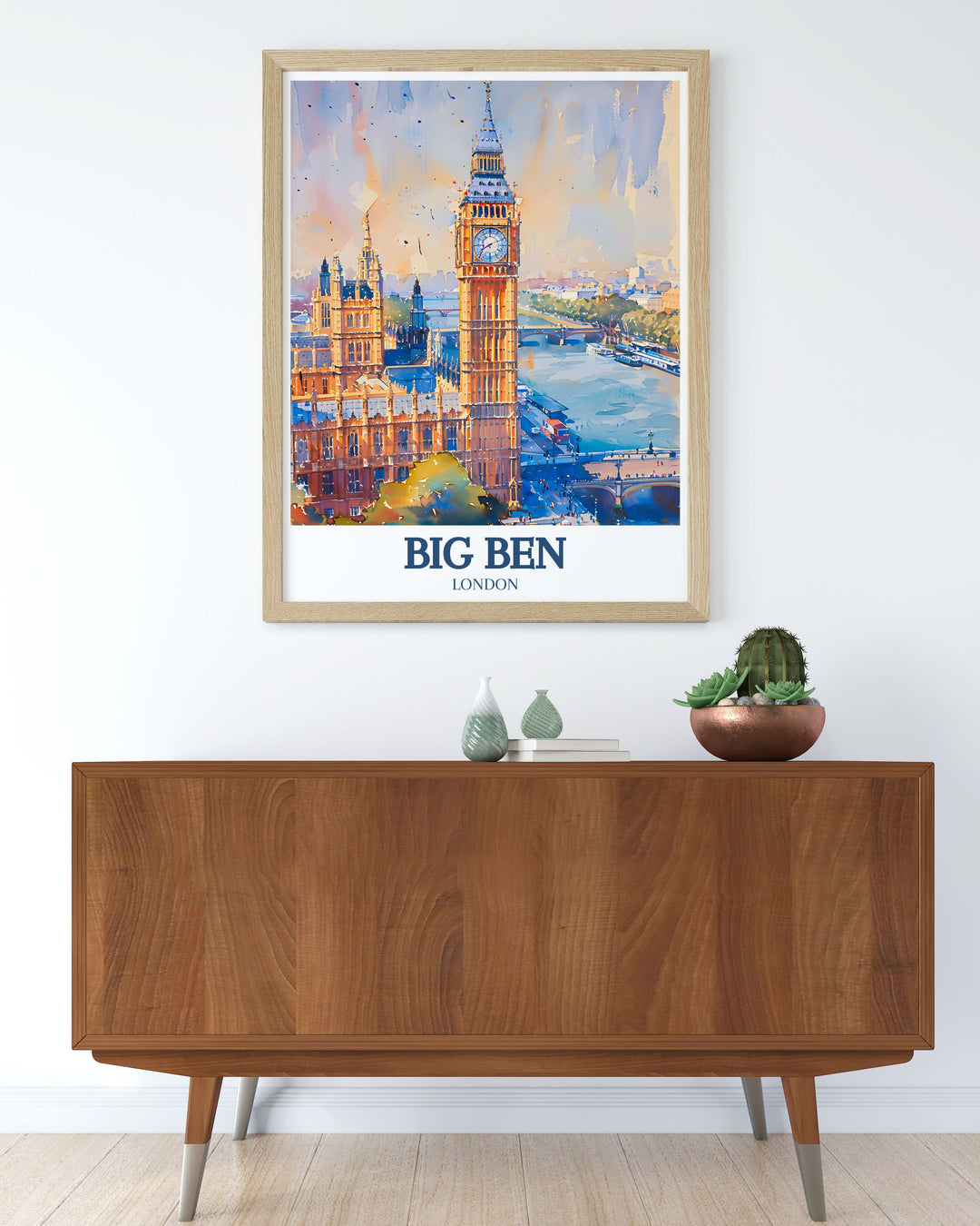 Stunning London print highlighting the intricate architecture of Big Ben and the Houses of Parliament alongside the tranquil River Thames, ideal for history enthusiasts and travel art lovers.