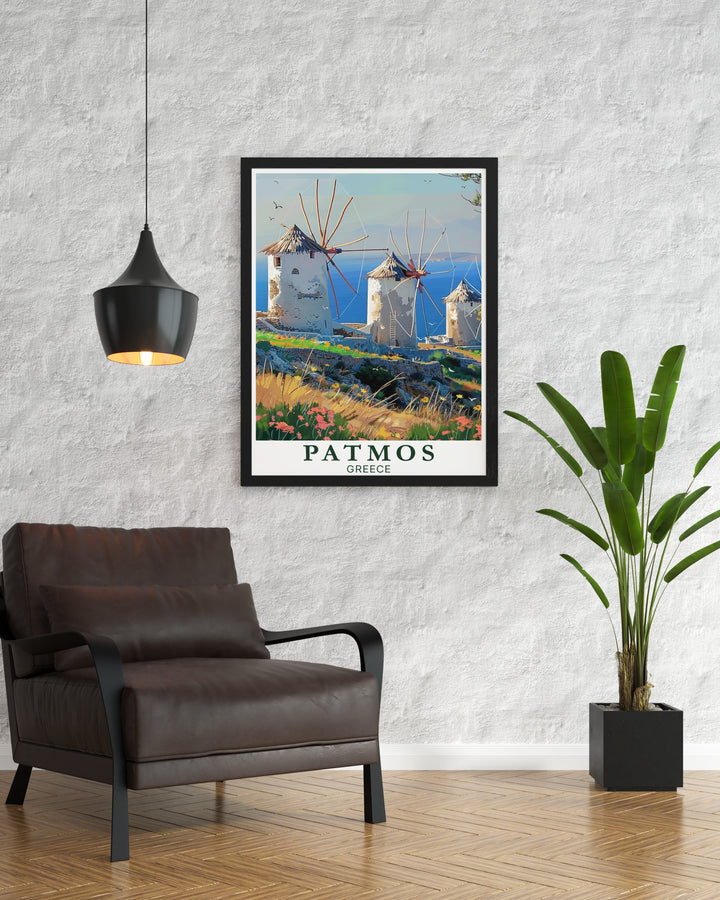 Elegant Patmos wall art and Windmills of Patmos modern decor perfect for creating a tranquil and stylish atmosphere in your home this artwork captures the beauty of the Patmos islands and Windmills of Patmos offering a unique and captivating piece for any art collection