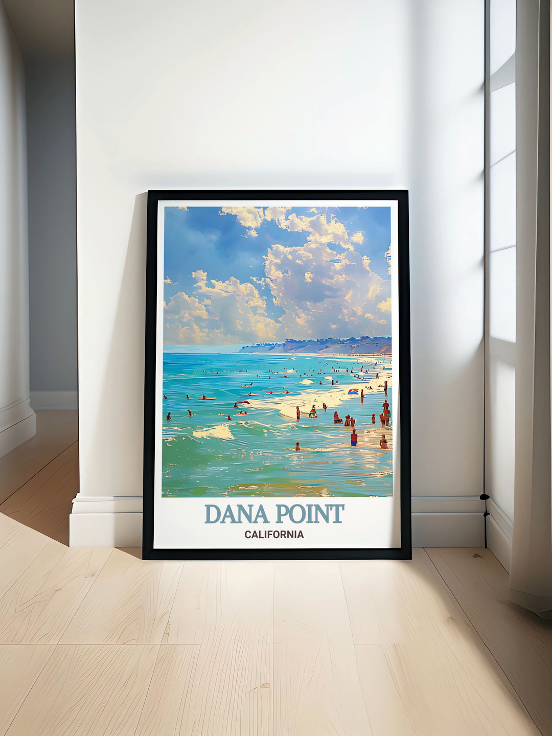 Doheny State Beach travel poster showcasing the pristine sands and inviting waters of California. Perfect for California travel enthusiasts and art collectors this vintage print brings the beauty of Doheny State Beach into your home decor.