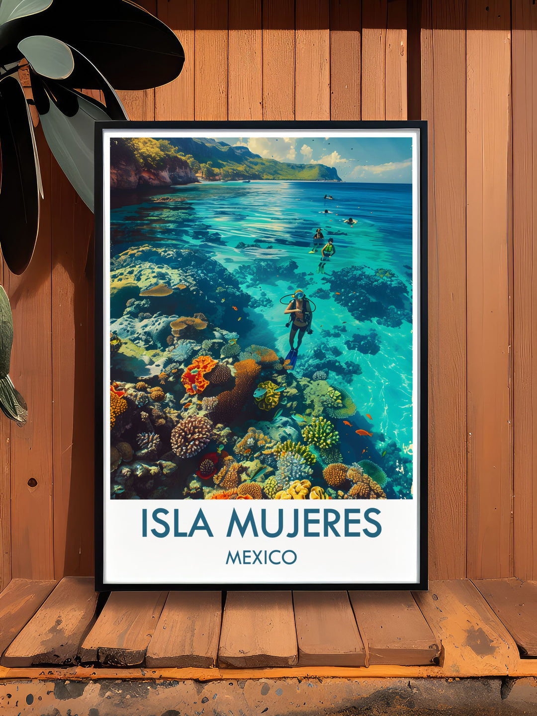 Fine art print capturing the stunning scenery of Garrafon Natural Reef Park in Isla Mujeres, known for its vibrant coral reefs and adventure activities, ideal for nature lovers and adventure seekers.