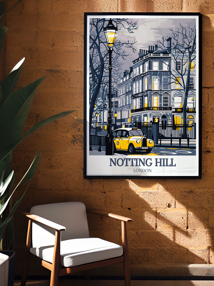 Featuring the iconic streets of Notting Hill, Portobello Road, and Westbourne Grove, this canvas art print is a must have for anyone who loves London. Perfect for enhancing any living space with a touch of urban elegance and color.