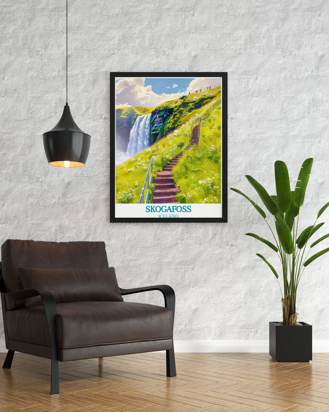 Delight in the natural wonder of Skogafoss with this art print, capturing the powerful flow of the waterfall and the thrill of hiking its steep staircase.