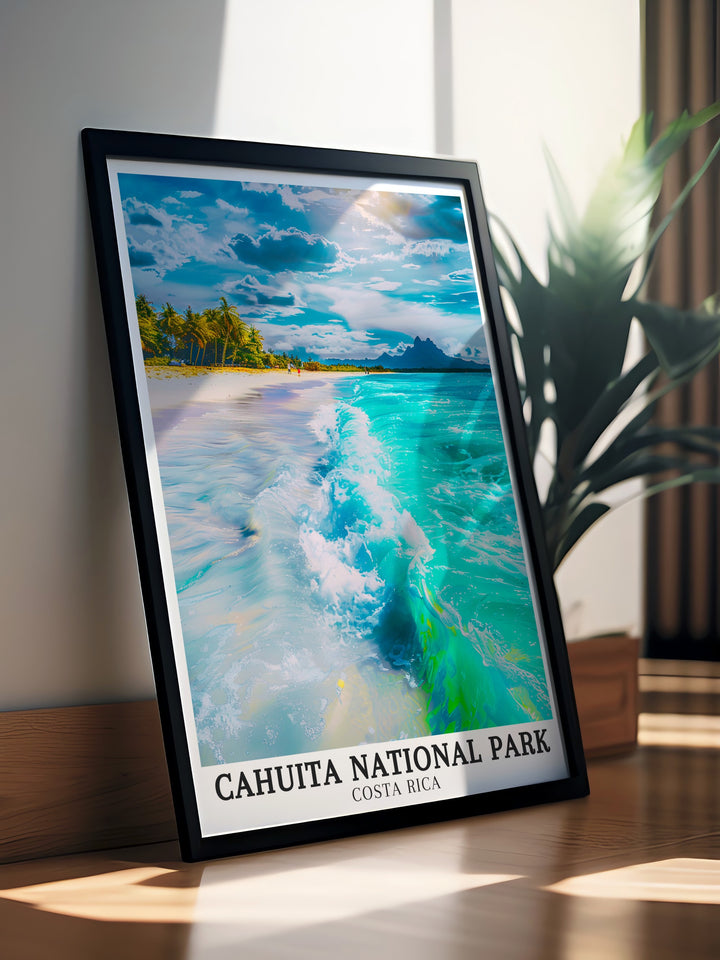 Cahuita National Park Travel Print celebrates the lush biodiversity and stunning coastal views of Costa Ricas eastern shore. This print is ideal for anyone who loves nature and the serene beauty of tropical landscapes.