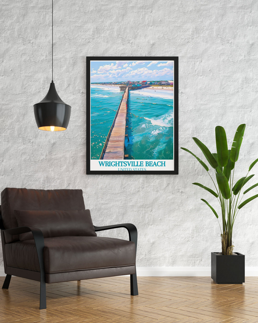 North Carolina Travel Poster showcasing Wrightsville Beach and Crystal Pier brings the charm of the coast into your home. This aesthetic poster print blends calming colors with a vintage style making it a perfect addition to any room that embraces coastal decor.