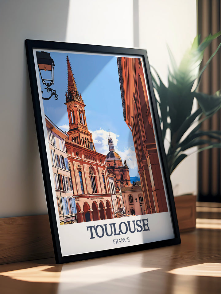 This Toulouse travel poster showcases the iconic Place du Capitole alongside the historic Basilica of Saint Sernin, offering a stunning blend of urban energy and historical depth. Ideal for lovers of French cities, this framed artwork brings Toulouses charm to life.